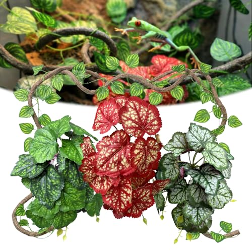 5 Pc Reptile Plants & Habitat Decor Kit - 3 Artificial Plants & Large 3.3ft Jungle Vine Branch, Amphibian Habitat Hideout Decor Accessories for Crested Gecko, Bearded Dragon, Lizard, Snake,Hermit Crab - color: Saxifrage Heuchera Micrantha