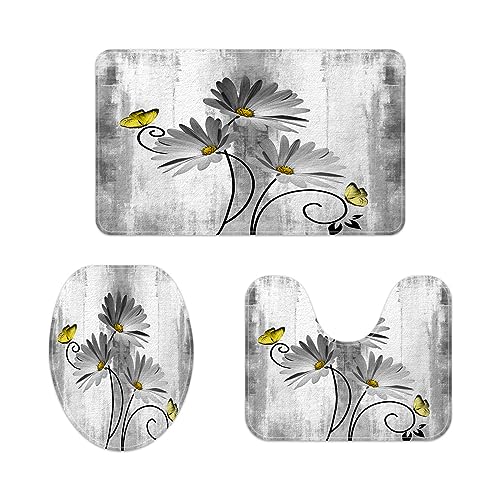 Rustic Farmhouse Bath Mat Set, Farm Gray Daisy Floral Flowers and Butterfly on Country Wooden Bathroom Mat Set with Non-Slip Bath Rug, Soft Toilet Lid Cover and Contour Mat, Turquoise Gray (Gray) - color: Grey