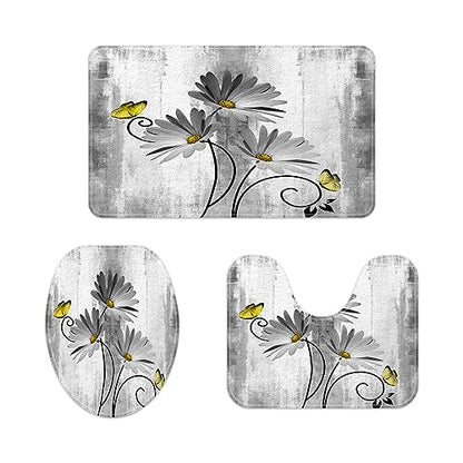 Rustic Farmhouse Bath Mat Set, Farm Gray Daisy Floral Flowers and Butterfly on Country Wooden Bathroom Mat Set with Non-Slip Bath Rug, Soft Toilet Lid Cover and Contour Mat, Turquoise Gray (Gray) - color: Grey