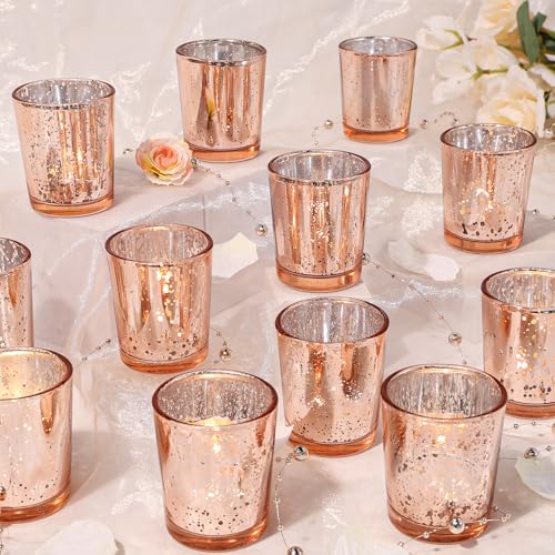 UPBUD Votive Candle Holders Set of 24, Speckled Mercury Rose Gold | Glass Candle Holders for Wedding Centerpiece Table Decorations, Tealight Candle Holder for Bridal Shower Decor, Home Decor - color: Rose Gold