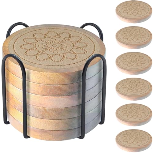 Wood Coasters for Drinks Housewarming Gifts for Home Decoration Absorbent Coasters with Holder for Coffee Tabletop Protection 4.3 Inch Beige - color: #6-beige