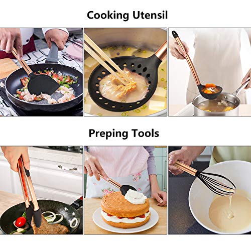 MIBOTE Silicone Cooking Kitchen Utensils Set, Wooden Handle, Coffee | BPA-Free, Non-Toxic Silicone Turner, Tongs, Spatula, Spoon Set – Great for Nonstick Cookware, Heat-Resistant, Easy Clean - color: 1-Copper