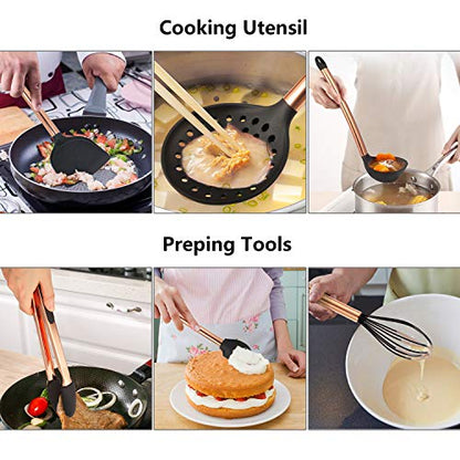 MIBOTE Silicone Cooking Kitchen Utensils Set, Wooden Handle, Coffee | BPA-Free, Non-Toxic Silicone Turner, Tongs, Spatula, Spoon Set – Great for Nonstick Cookware, Heat-Resistant, Easy Clean - color: 1-Copper