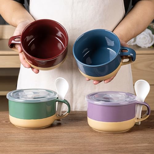 GBhome Ceramic Soup Mugs with Handles and Lids,24 OZ Soup Cups Set of 2 | Terracotta Underside,Mug Bowls with Spoon for Soup/Cereal/Salad/Noodles/Ramen/Microware &Dishwasher Safe-Green&Purple - color: Green&Purple