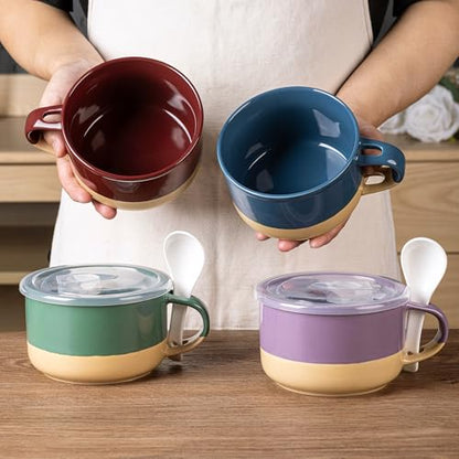 GBhome Ceramic Soup Mugs with Handles and Lids,24 OZ Soup Cups Set of 2 | Terracotta Underside,Mug Bowls with Spoon for Soup/Cereal/Salad/Noodles/Ramen/Microware &Dishwasher Safe-Green&Purple - color: Green&Purple