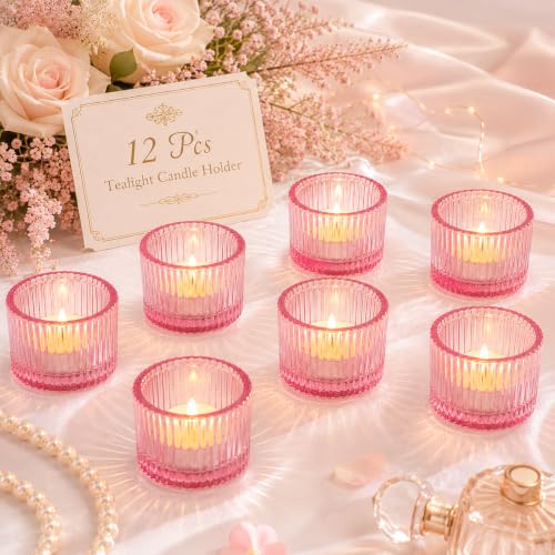 Lanttu 12 Pcs Pink Tealight Candle Holder 2'' x 1.4'' | Small Votive Candle Holders for Table Centerpiece, Glass Tea Light Candles Holder for Party & Home, Wedding Decor - color: Pink