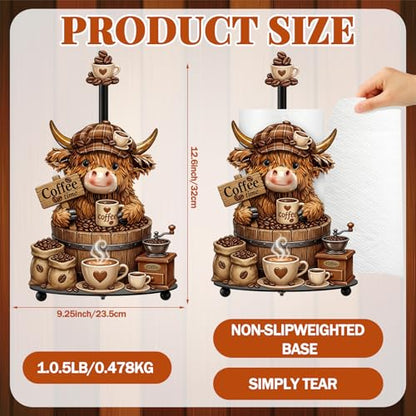 Coffee Highland Cow Paper Towel Holder Coffees Kitchen Decor Farmhouse Metal Highland Cow Coffee Bar Accessories Stand with Round Base for Home Bathroom Countertop Toilet Caffee Lover Gifts - style: Coffee