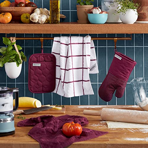 KitchenAid Quilted Cotton Terry Cloth Oven Mitt, Pot Holder, Kitchen Towel 4-Pack Set, Heat Resistant, Silicone Grip, Gift Set, Beet, 16"x26", 7"x13" & 7"x10" - color: Beet