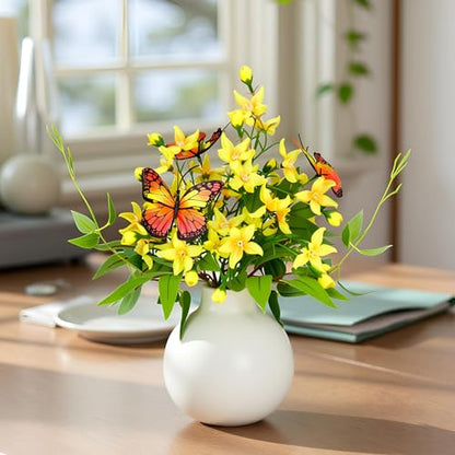 HOSY Freesia Bouquet in Ivory Ceramic Vase, Artificial Flower Arrangements | Silk Flower & Butterfly, Table Centerpiece Decoration, Display Size 10" High & 13.5" Wide, No Upkeep