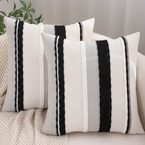 Black and White Throw Pillow Covers 18 x 18 Set of 2 Boho Decor | Durable Fabric,Stripe Pillow Covers,Farmhouse Cushion Case,Chenille Pillow Cases,Neutral Pillowcase for Sofa Couch Bed - color: Black Stripe1, size: 18" x 18" (Pack of 2)