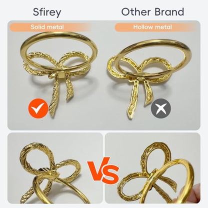 Gold Bow Napkin Rings Set of 4, Shiny Bow Style Holders | Classic bowknot design with polished gold finish adds elegance to Christmas, Thanksgiving, holidays and dinner parties.