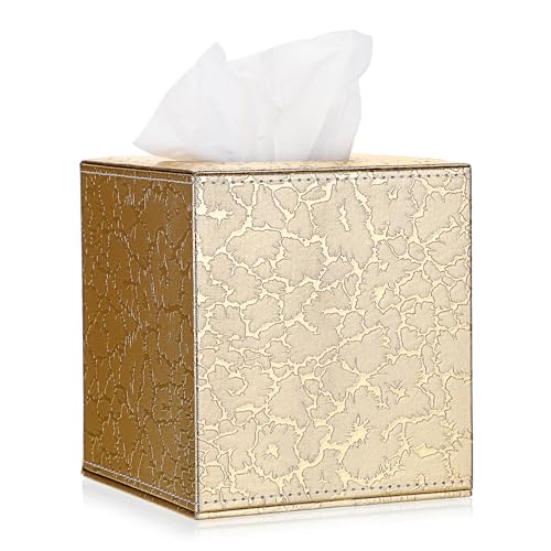 Sumnacon Square Leather Tissue Box Cover - Stylish Cube Tissue Box Holder with Magnetic Bottom, Decorative PU Tissue Box for Vanity Dresser Night Stand Table Countertop Home Office Car, Gold | Stylish Cube Tissue Box Holder, Decorative Tissue Box Covers F