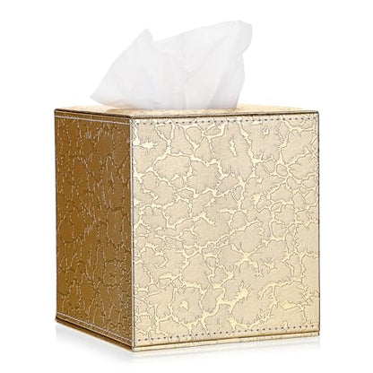 Sumnacon Square Leather Tissue Box Cover - Stylish Cube Tissue Box Holder with Magnetic Bottom, Decorative PU Tissue Box for Vanity Dresser Night Stand Table Countertop Home Office Car, Gold | Stylish Cube Tissue Box Holder, Decorative Tissue Box Covers F