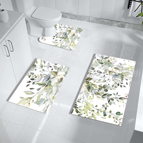 MUGINYU Green Leaves Bathroom Rug Set 3 Piece, Spring Floral Boho Quick Dry Bath Mat Set of 3,Eucalyptus Plant MinimalistThin Rubber Diatomaceous Earth Absorbent Non Slip Rugs - color: Sage Green Eucalyptus