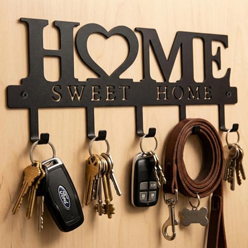 Entryway Key Holder Wall Mount with 5 Hooks, 13" Metal “Sweet Home” Key Rack Organizer for Wall, Decorative Key Hanger for Entryway, Hallway & Mudroom, Housewarming Gift, Black - size: 13inches