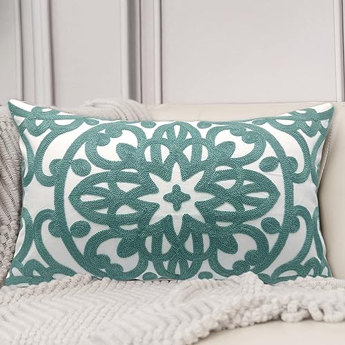Alysheer Embroidered Lumbar Decorative Throw Pillow Cover 12"x 20", Classic Boho Mandala Embroidery Pattern Cotton Farmhouse Rectangular Cushion Case for Sofa Couch Living Room Bedroom(Dusty Blue) - color: Aqua Blue, size: 20" x 12" (Pack of 1)