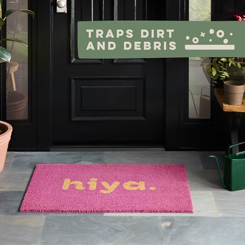 TOWN & COUNTRY TERRA Hiya Painted Welcome Door Mat, Natural Coir, Heavyweight, Non-Slip Entryway Mat, Purple, 18"x30" - color: Purple, size: 1'6" x 2'6" (Rectangular)