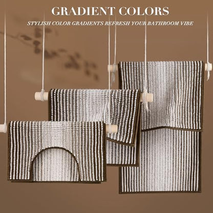 Bathroom Rugs Sets 3 Piece, Toilet Rugs U-Shaped Contour Bath Mat Set, Long Striped Absorbent Non Slip Chenille Shower Mat, Brown - color: Brown, size: 20"x47"+16"x24"+ U Shape 20"x24"