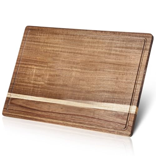 17.3x11.8 Inch Acacia Wood Cutting Boards for Kitchen, Reversible Wooden Chopping Board Large Wooden Charcuterie Board with Deep Juice Grooves & Non-Slip Handle for Meat Turkey Fruit and Cheese