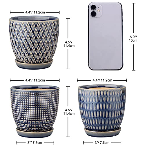 Oairse 4 inches Ceramic Planter Pots 3 Set of Small Round Flower Pots with Drainage Hole and Ceramic Tray for Succulents Cactus Indoor Outdoor Garden Home Windowsill - color: Blue
