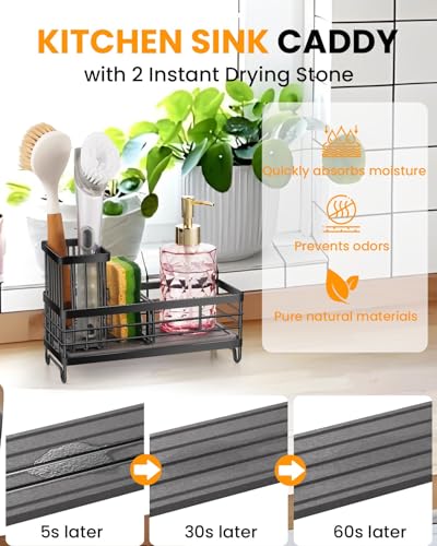 Kitchen Sink Caddy with 2 Water Absorbent Diatomite Stone Sink Tray, | Fast Drying Sink Organizer with High Dish Brush Holder, Sponge Holder for Kitchen Sink, for Countertop, Stainless Steel