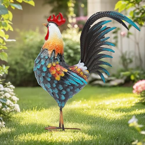 32" Majestic Metal Rooster Yard Decor, Large Outdoor Garden Statue | Outdoor Chicken Sculpture, 3D Hand-Painted, Rustic Farmhouse Style, Weather-Resistant Iron, Backyard Patio Lawn Garden - color: 32"h Extra-large Blue Rooster