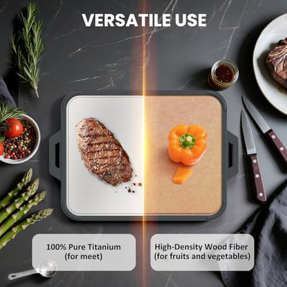 Titanium Cutting Board for Kitchen, Double Sided Pure Titanium & Wood Fiber | Non‑Slip Platinum Silicone Edge, Juice Groove, for Chopping Meat/Vegetables/Fruit Dishwasher Safe, 16"×11"