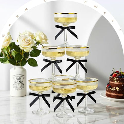 Set of 24 Plastic Champagne Coupe Glasses with Bow 7 oz Gold Champagne Tower Set Stackable Acrylic Ribbed Martini Glasses Cocktail Coupe Cup for Wedding Birthday Party Bar(Bowknot,Black) - color: Black, style: Bowknot