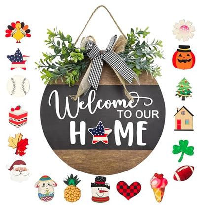 Interchangeable Seasonal Round Wood WELCOME TO OUR HOME Sign for Front Door,Rustic Hanging Wood Wreaths Sign,Farmhouse Porch Fence Welcome Wreaths Decorations.(12inch)