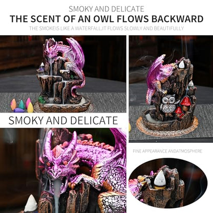 Dragon Backflow 2 Sided Mountain Waterfall Incense Burner,Fountain Smoke Incense Holder with Backflow Incense Cones, Tweezers, Mat，Resin Aromatherapy Meditationvaiuk (Purple) - color: Purple