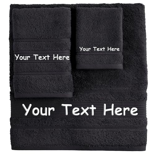 Personalized Custom 3-Piece Towel Set – Bath, Hand & Washcloth – 100% Cotton, Soft & Absorbent – Embroidered Name or Monogram – Hotel Towels for Bathroom, Spa, Hotel, Wedding & Gift – Black - color: Black, size: 3 Pcs Towel Set