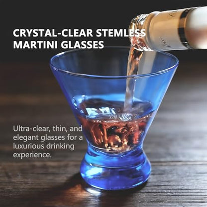 Set of 6 Stemless Martini Acrylic Glasses 9 oz, Heavy Base Stable Cocktail/Juice/Red Wine Glasses,Plastic Drinking Tumbler, Fits Ice Cream/Milkshakes,Ideal for Home Party(Blue) - color: Blue