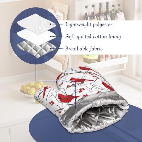 Cardinal Birds Pot Holders and Oven Mitts Set Silicone Bird Red Berry Kitchen Gloves Potholders Heat Resistant Washable,Chef Cooking Baking Gifts for Women Men Bakers Lover Cooks - color: Cardinal Birds,bird Red Berry