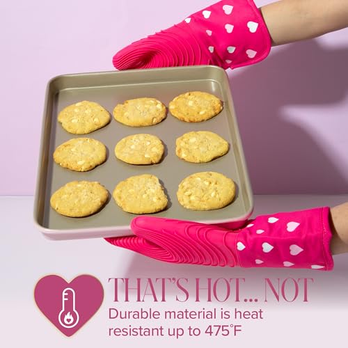 Paris Hilton Oven Mitt Set with Heart Design, Heat Resistant Pot Holders Featuring Non-Slip Textured Silicone Grips, 2-Piece Set, Pink - style: Hearts