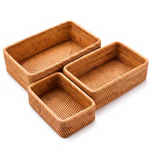 3 Pack Natural Rattan Storage Baskets, Rectangular Woven Fruit Baskets for Decor, Handmade Woven Nesting Bread Baskets for Organizing, Serving, for Kitchen, Home, 3 Sizes
