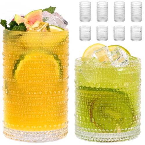 Moretoes Blue Hobnail Drinking Glasses Set of 8, Vintage Glass Cups | 12 Oz Highball Glasses & 10 Oz Cocktail Glasses, Clear Embossed Tumbler Glassware Set for Whiskey, Beer, Juice, Milk - color: Clear, size: 8pcs