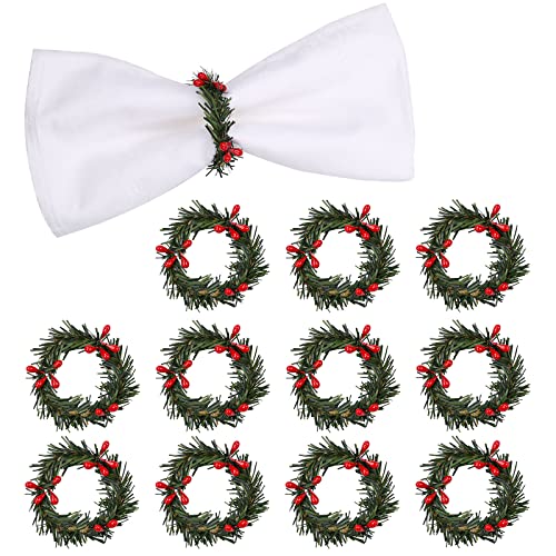 Christmas Napkin Rings Set of 12, Pine Needles Wreath with Red Berry Napkin Holder for Winter, Family Gathering, Banquet, Xmas Serviette Buckles for Table Setting (Pine Needles&Berry) - style: Pine Needles&Berry