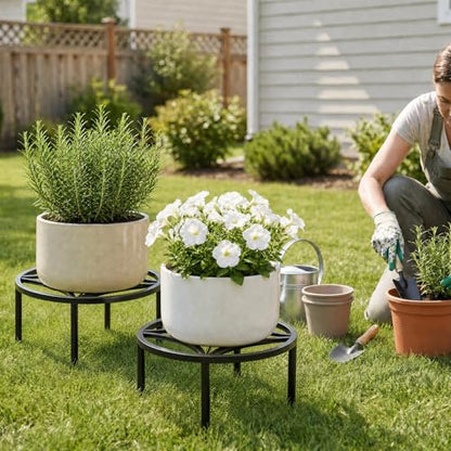 TOSKING 2-Pack Fully Assembled Heavy Duty Metal Plant Stand, Geometric Flower Pot Holder for Heavy Potted Plant, Rustproof Iron Plant Riser with Adjustable Feet, 220 LBS Capacity, No Installation Required, Black (13.4"Dia x 6.5"H) - color: geometric (blac