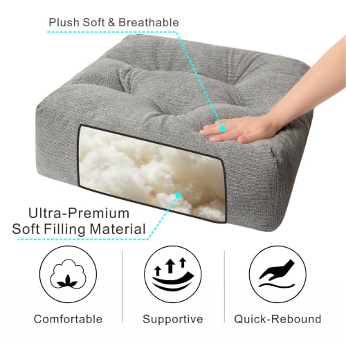 Floor Pillow Cushion with Handle for Adults Women Men | Large Meditation & Sitting Cushion Pillow for Tatami, Living Room, Yoga (1, Gray, Square, 22" x 22" x 6") - color: Gray, Square