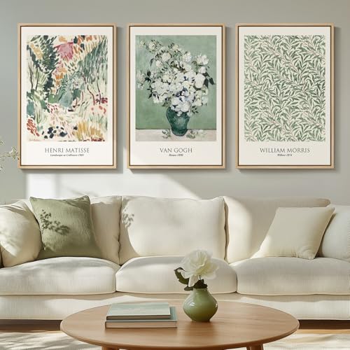 Framed Large Matisse Wall Art for Living Room, 3 Piece Vintage Sage Green Canvas Artwork for Walls, Botanical Floral Prints for Bedroom, Hallway, Home Office Decor, Total Size 30x60 Inches - color: Sage Green, size: 20"W x 30" H x 3Pcs