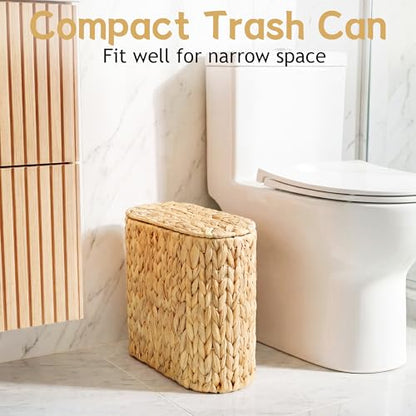 iEGrow 3 Gallon Wicker Trash Can, Bathroom Trash Can with Lid, Narrow Natural Water Hyacinth Waste Basket with Removable Liner, Boho Garbage Can for Bedroom, Office, Small Spaces Living Room, Toilet - color: Brown, size: Oval