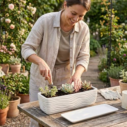MyGift 12.5 inch Ceramic Planter, Modern Textured Rectangular Succulent Flower Plant Pot with Wave Design and Removable Drip Tray Saucer (White)
