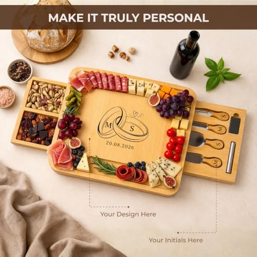 Personalized Bamboo Charcuterie Board with Drawer & Utensils – Custom Cheese & Cutting Board Gift for Wedding, Housewarming, Anniversary, Couples and Personalized Mothers Day Gifts for Mom