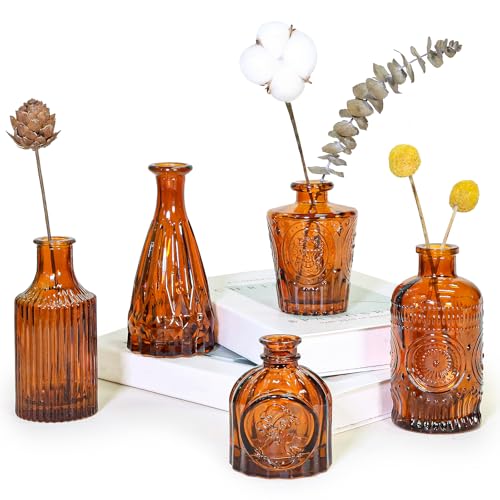 SUPMIND Glass Bud Vases Set of 5, Small Dark Brown Flower Vases in Bulk | Amber Mini Vintage Vase for Table Centerpieces, Wedding, Home Decor, Table Decoration, Baby Shower, Party Decor - color: Amber, size: 5Pcs