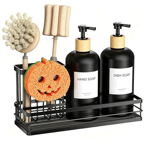 Moforoco Kitchen Dish Soap Dispenser Set, 16OZ Glass Bottle, Hand and Dish Soap Dispenser Set, Instant Dry Tray, Brush Holder with Smiley Face Sponge Holder (Black Tray+Black Bottle+Labels) - color: Black Tray+black Bottle+labels