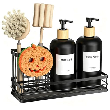 Moforoco Kitchen Dish Soap Dispenser Set, 16OZ Glass Bottle, Hand and Dish Soap Dispenser Set, Instant Dry Tray, Brush Holder with Smiley Face Sponge Holder (Black Tray+Black Bottle+Labels) - color: Black Tray+black Bottle+labels