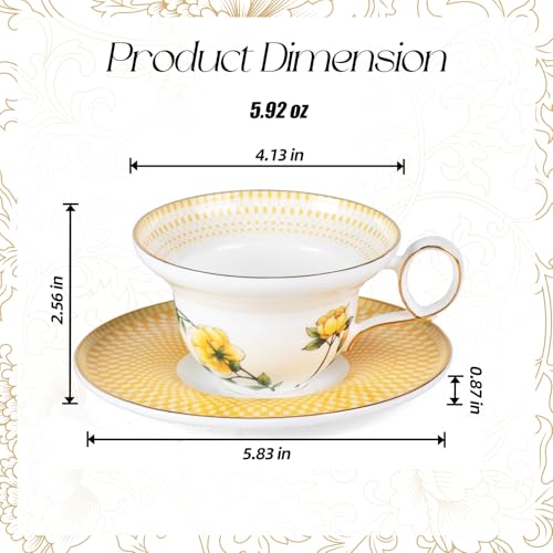 KAMMAK Tea Cups Set of 2,Ceramic Floral Pattern Demitasse Cup | Porcelain Espresso Cup with Saucer, 5.92 oz Handmade Elegant Bone China Tea Cups for Latte, Americano, Cappuccino - color: Ode to Spring (A.Green+B.Yellow)
