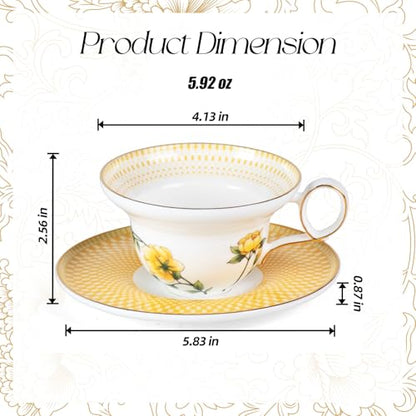 KAMMAK Tea Cups Set of 2,Ceramic Floral Pattern Demitasse Cup | Porcelain Espresso Cup with Saucer, 5.92 oz Handmade Elegant Bone China Tea Cups for Latte, Americano, Cappuccino - color: Ode to Spring (A.Green+B.Yellow)