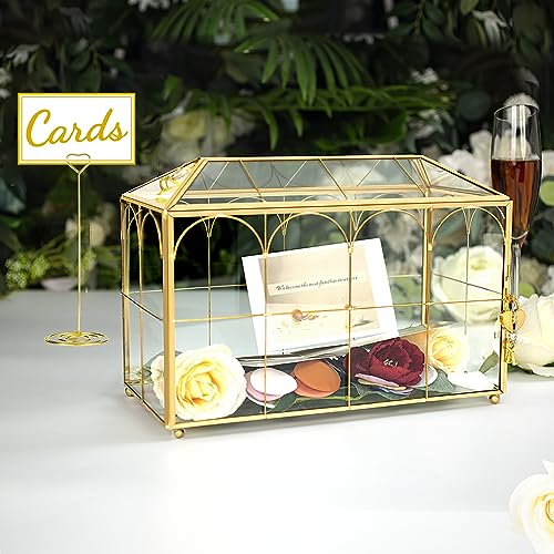 Glass Wedding Card Box with Lock, 12.6x5.9x9 inches Large Gold Card Boxes for Wedding Reception, Graduation, Keepsake Display, Party Centerpiece Gift Box - size: 12.6 x 5.9 x 9 Inches with Arch
