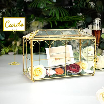 Glass Wedding Card Box with Lock, 12.6x5.9x9 inches Large Gold Card Boxes for Wedding Reception, Graduation, Keepsake Display, Party Centerpiece Gift Box - size: 12.6 x 5.9 x 9 Inches with Arch
